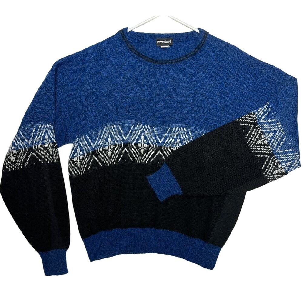Vintage Y2K Turnabout crew neck multipattern sweater blue, black & white size XL